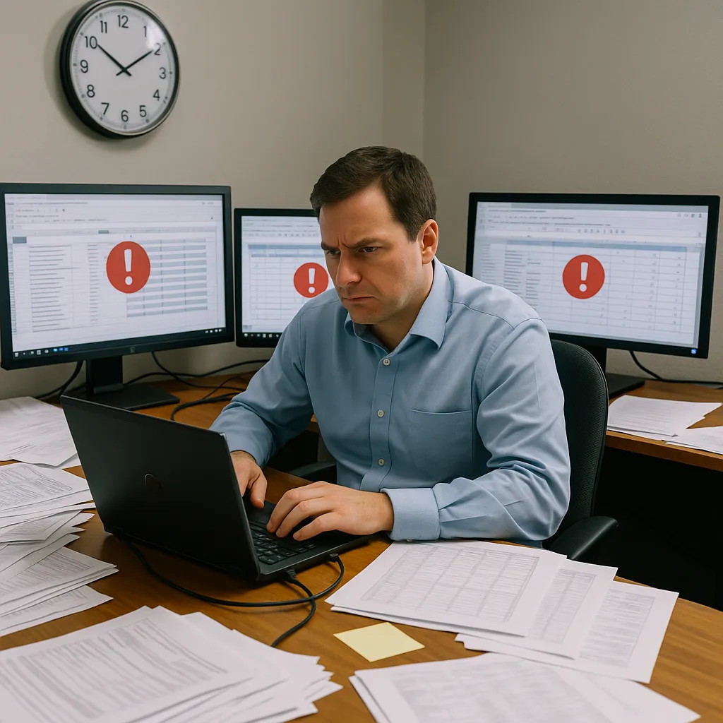 Team working with papers and laptops, looking stressed.
